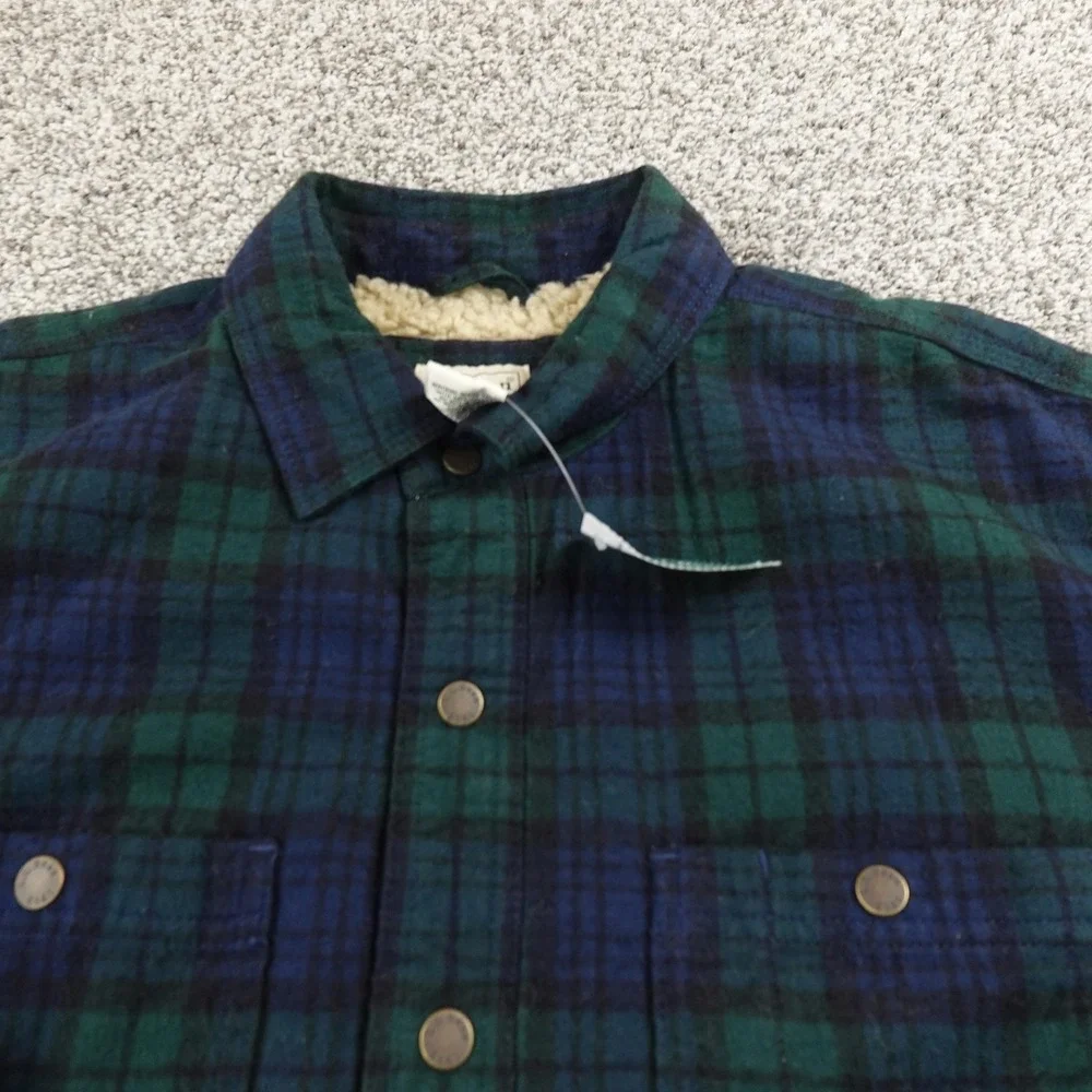 NEW L.L.Bean Jacket Mens M Green Sherpa Lined Scotch Plaid Flannel Shirt Shacket